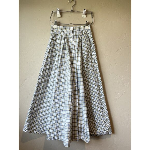 Vintage A Line Full Skirt Plaid Button Down Pockets Preppy 90s Maxi Modi - Picture 2 of 9